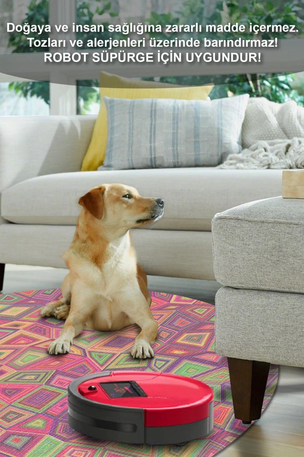 Cava Pamuk Tabanlı Yıkanabilen Kaymaz Antibakteriyel Şönil Yuvarlak Halı