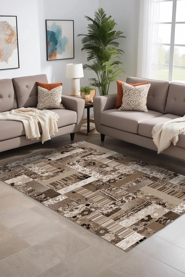 Chana Desenli Pamuk Tabanlı Yıkanabilen Kaymaz Antibakteriyel Şönil Salon Halısı