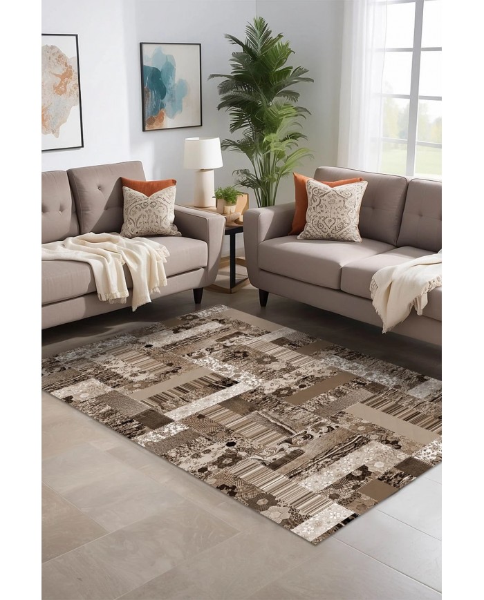 Chana Desenli Pamuk Tabanlı Yıkanabilen Kaymaz Antibakteriyel Şönil Salon Halısı