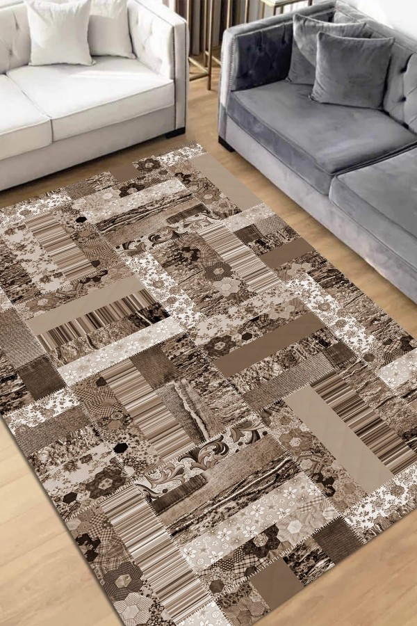 Chana Desenli Pamuk Tabanlı Yıkanabilen Kaymaz Antibakteriyel Şönil Salon Halısı