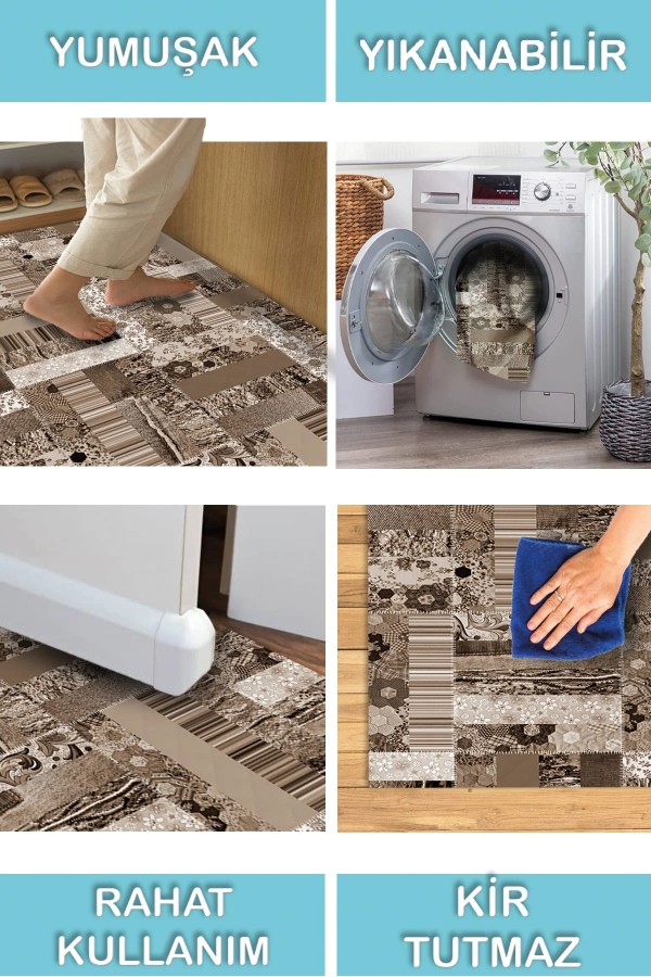 Chana Desenli Pamuk Tabanlı Yıkanabilen Kaymaz Antibakteriyel Şönil Salon Halısı