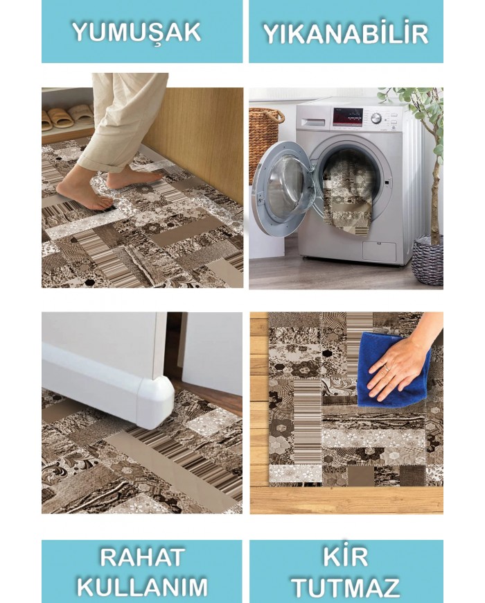 Chana Desenli Pamuk Tabanlı Yıkanabilen Kaymaz Antibakteriyel Şönil Salon Halısı