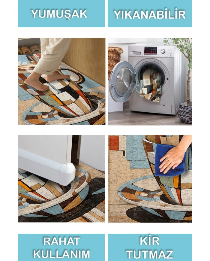 Cup Pamuk Tabanlı Yıkanabilen Kaydırmaz Antibakteriyel Şönil Mutfak Halısı