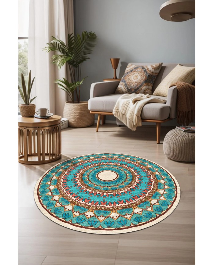 Derav Pamuk Tabanlı Yıkanabilen Kaymaz Antibakteriyel Şönil Yuvarlak Halı