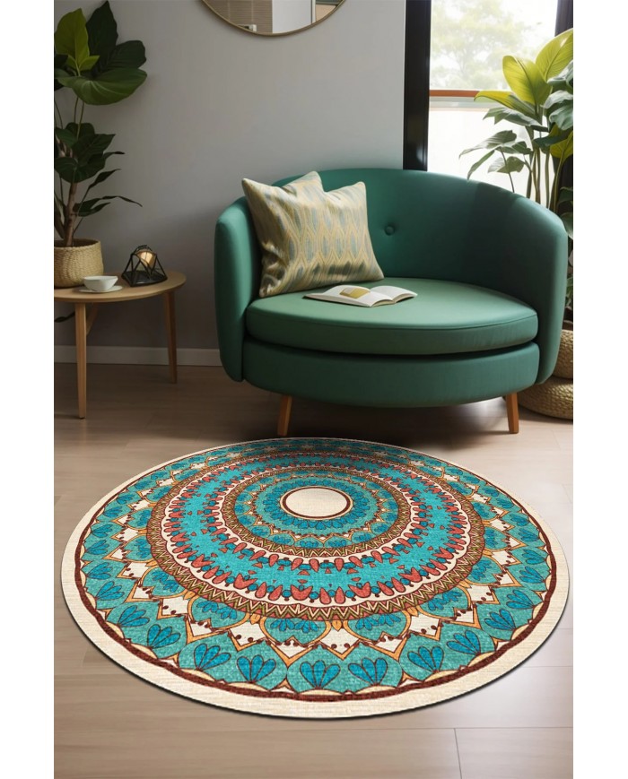 Derav Pamuk Tabanlı Yıkanabilen Kaymaz Antibakteriyel Şönil Yuvarlak Halı