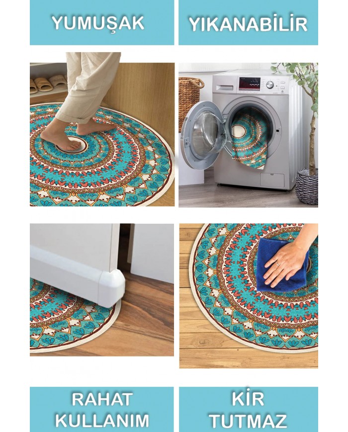Derav Pamuk Tabanlı Yıkanabilen Kaymaz Antibakteriyel Şönil Yuvarlak Halı