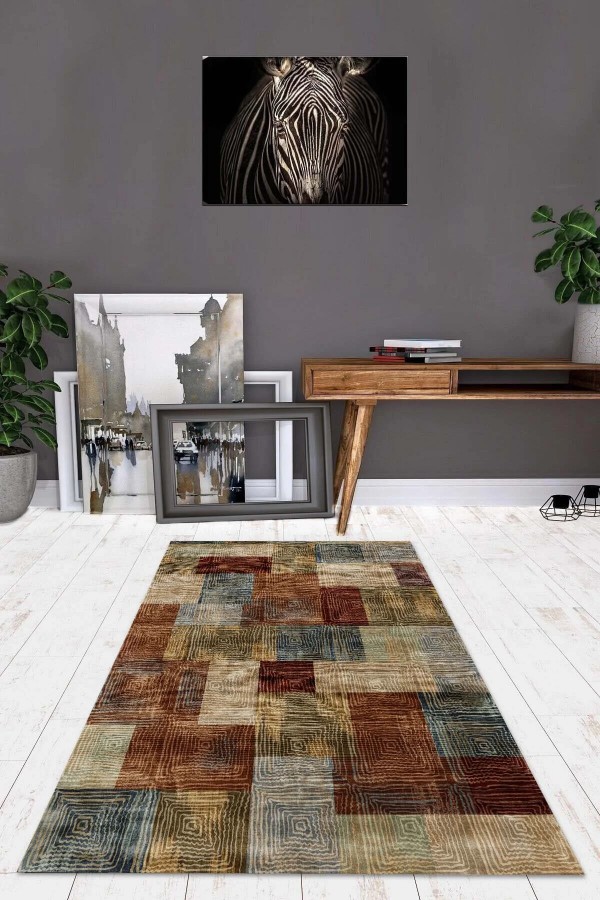 Daniela Desenli Pamuk Tabanlı Yıkanabilen Kaydırmaz Antibakteriyel Şönil Salon Halısı