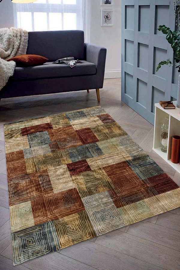 Daniela Desenli Pamuk Tabanlı Yıkanabilen Kaydırmaz Antibakteriyel Şönil Salon Halısı