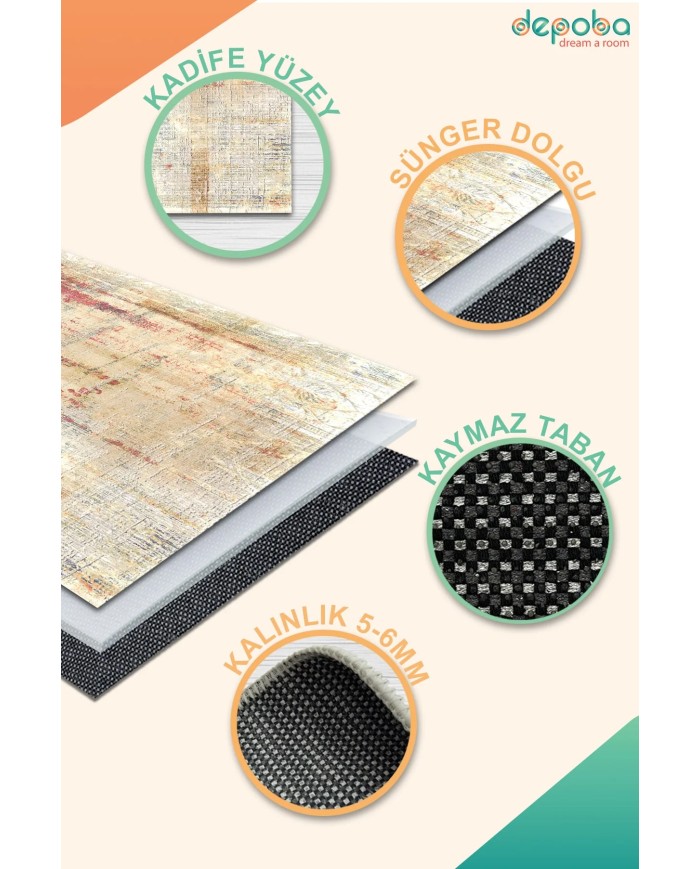 Motto Kadife Yıkanabilir Kaymaz Pamuk Tabanlı Antibakteriyel Salon Halısı