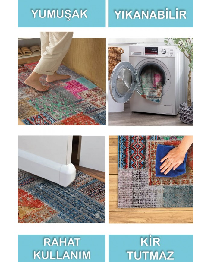 Denise Desenli Pamuk Tabanlı Yıkanabilen Kaymaz Antibakteriyel Şönil Salon Halısı