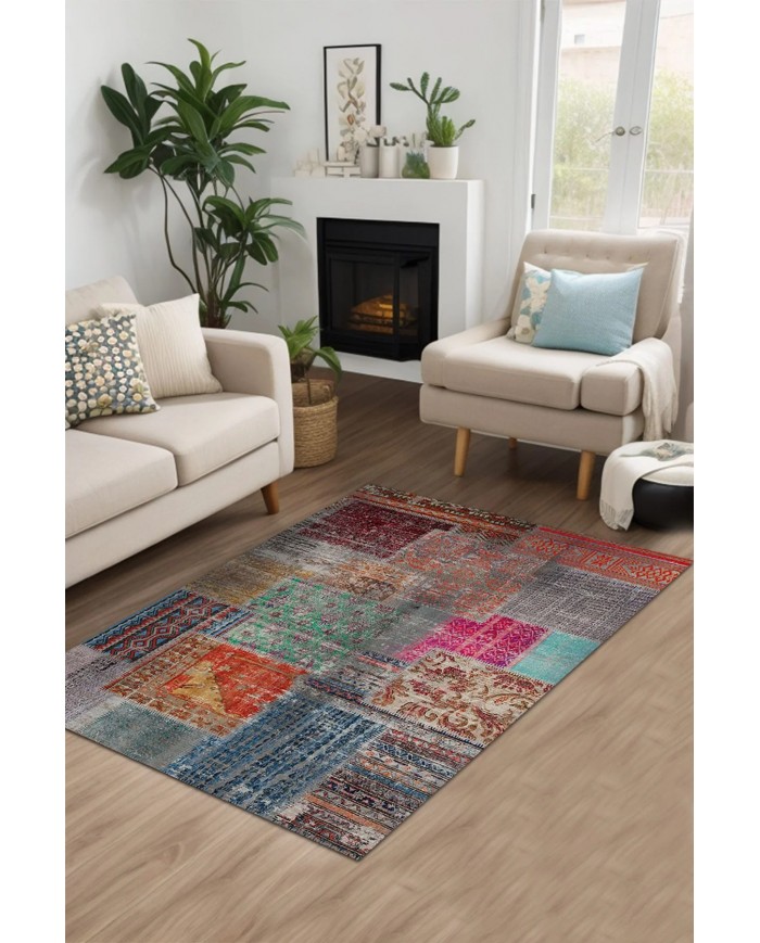 Denise Desenli Pamuk Tabanlı Yıkanabilen Kaymaz Antibakteriyel Şönil Salon Halısı