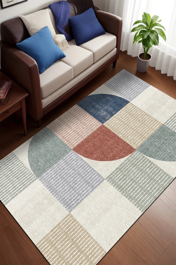 Dern Desenli Pamuk Tabanlı Yıkanabilen Kaymaz Antibakteriyel Şönil Salon Halısı