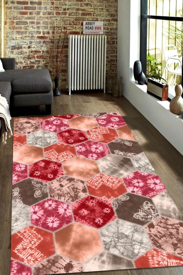 Devin Desenli Pamuk Tabanlı Yıkanabilen Kaymaz Antibakteriyel Şönil Salon Halısı