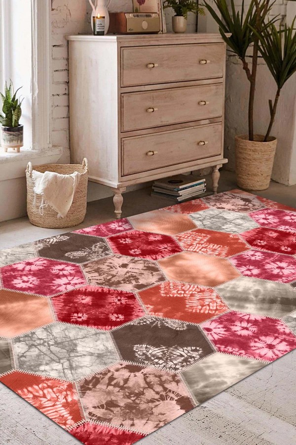 Devin Desenli Pamuk Tabanlı Yıkanabilen Kaymaz Antibakteriyel Şönil Salon Halısı