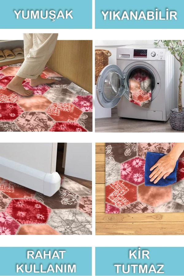 Devin Desenli Pamuk Tabanlı Yıkanabilen Kaymaz Antibakteriyel Şönil Salon Halısı