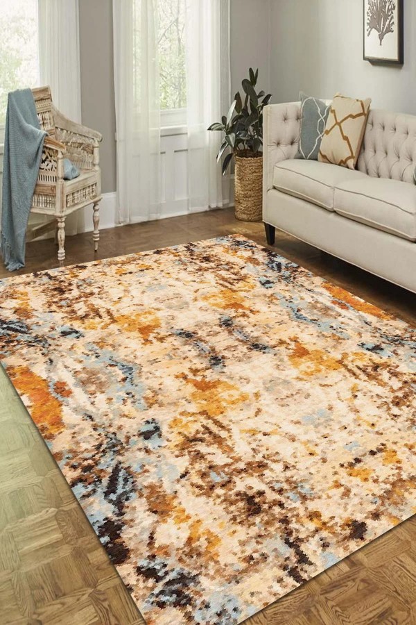 Dimitri Desenli Pamuk Tabanlı Yıkanabilen Kaymaz Antibakteriyel Şönil Salon Halısı