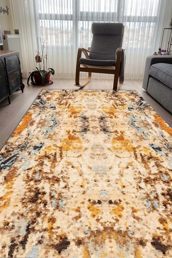 Dimitri Desenli Pamuk Tabanlı Yıkanabilen Kaymaz Antibakteriyel Şönil Salon Halısı