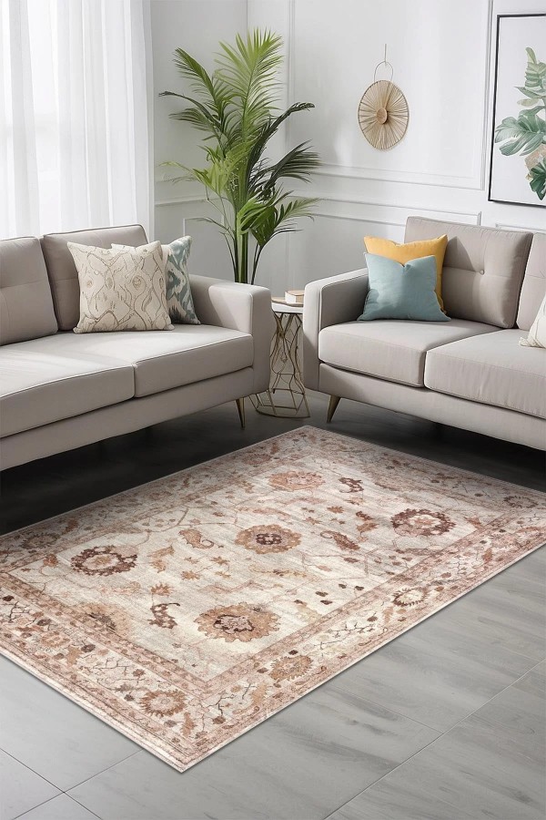 Doras Desenli Pamuk Tabanlı Yıkanabilen Kaymaz Antibakteriyel Şönil Salon Halısı