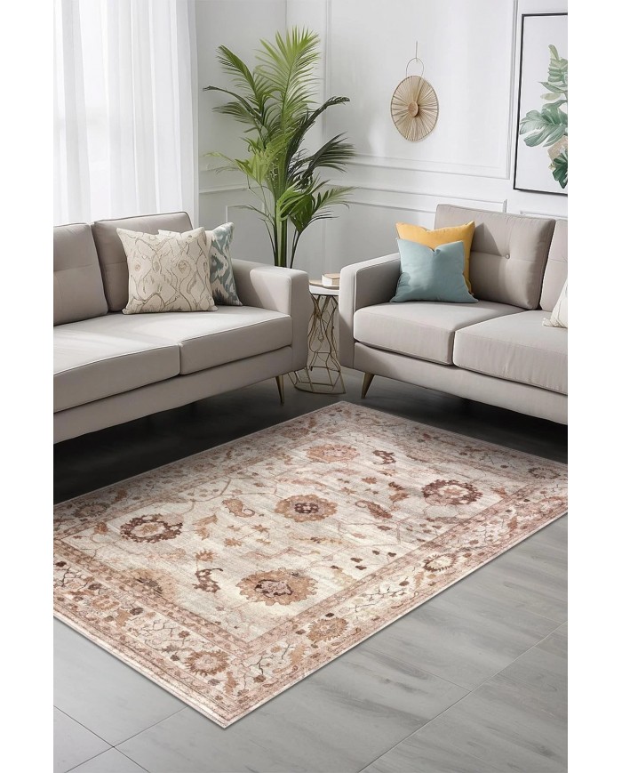 Doras Desenli Pamuk Tabanlı Yıkanabilen Kaymaz Antibakteriyel Şönil Salon Halısı