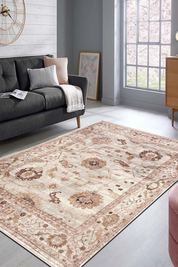 Doras Desenli Pamuk Tabanlı Yıkanabilen Kaymaz Antibakteriyel Şönil Salon Halısı