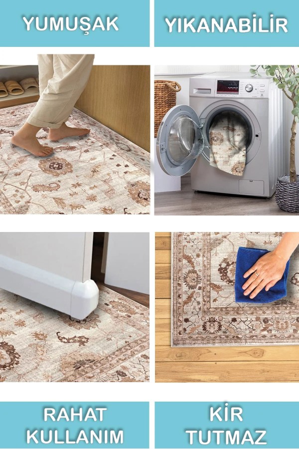 Doras Desenli Pamuk Tabanlı Yıkanabilen Kaymaz Antibakteriyel Şönil Salon Halısı