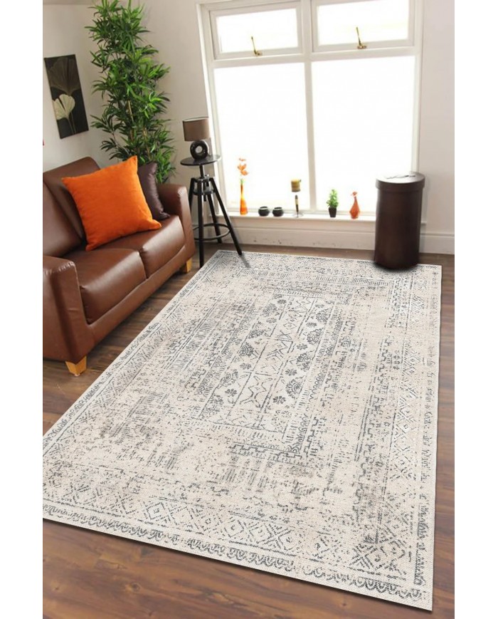 Duncan Desenli Pamuk Tabanlı Yıkanabilen Kaymaz Antibakteriyel Şönil Salon Halısı