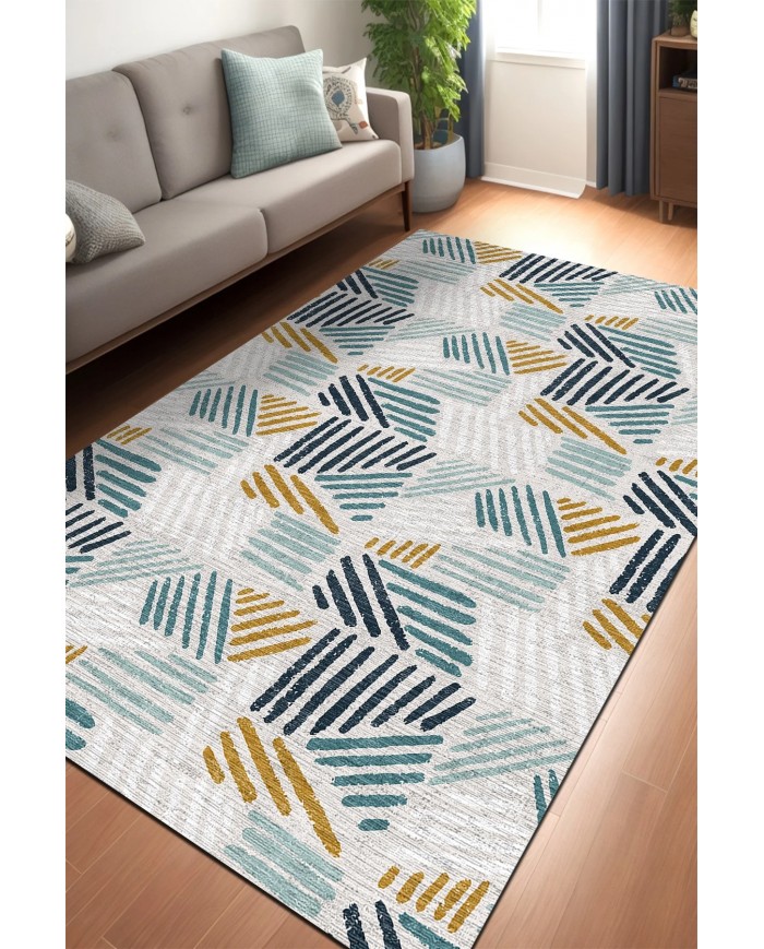 Elites Desenli Pamuk Tabanlı Yıkanabilen Kaymaz Antibakteriyel Şönil Salon Halısı