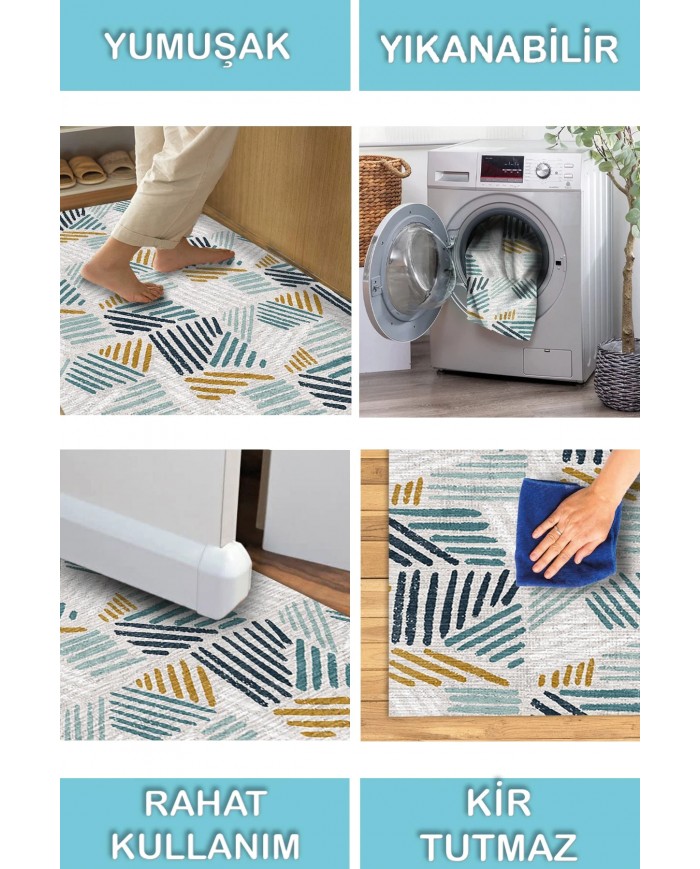 Elites Desenli Pamuk Tabanlı Yıkanabilen Kaymaz Antibakteriyel Şönil Salon Halısı