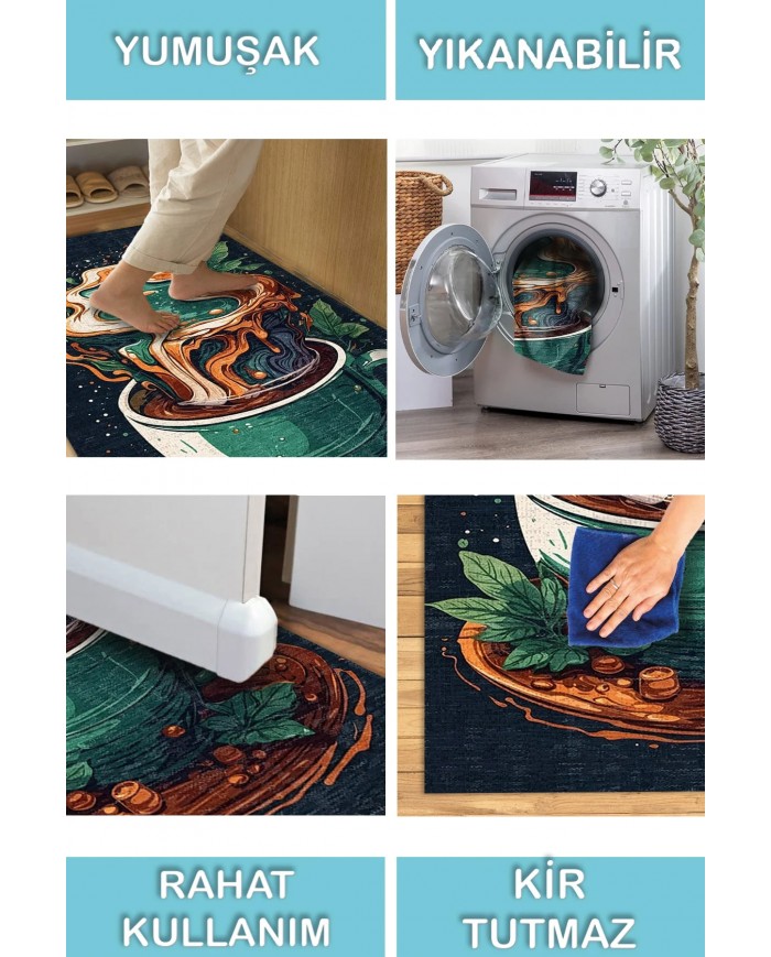 Detals Pamuk Tabanlı Yıkanabilen Kaydırmaz Antibakteriyel Şönil Mutfak Halısı