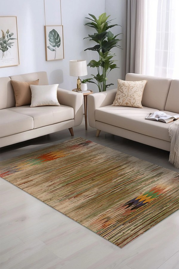 Erika Desenli Pamuk Tabanlı Yıkanabilen Kaymaz Antibakteriyel Şönil Salon Halısı