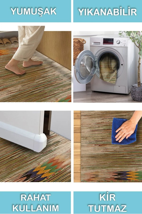 Erika Desenli Pamuk Tabanlı Yıkanabilen Kaymaz Antibakteriyel Şönil Salon Halısı