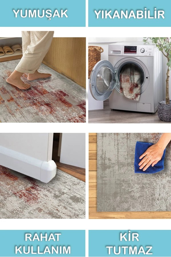 Erin  Desenli Pamuk Tabanlı Yıkanabilen Kaymaz Antibakteriyel Şönil Salon Halısı