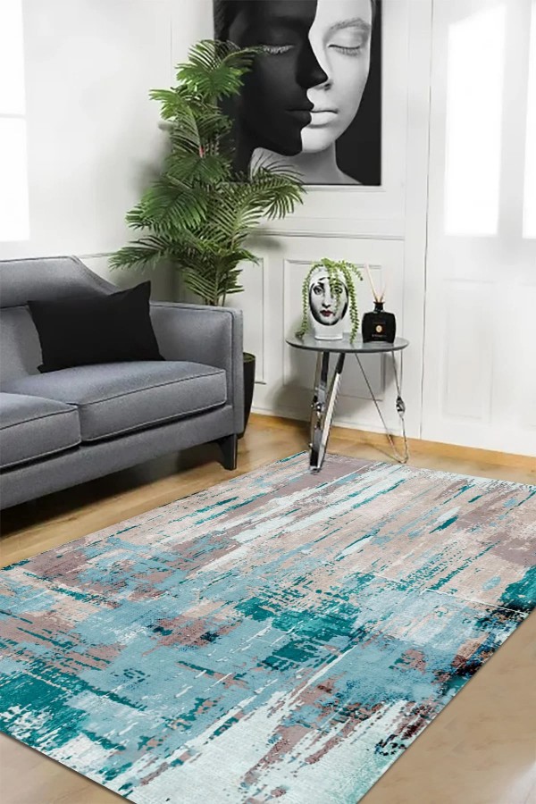 Fabiola Desenli Pamuk Tabanlı Yıkanabilen Kaymaz Antibakteriyel Şönil Salon Halısı