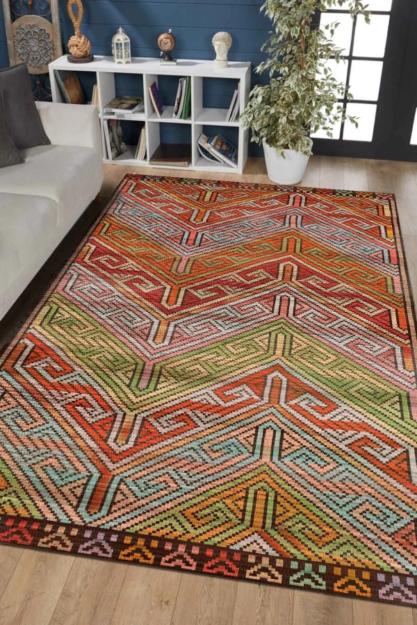 Gale Desenli Pamuk Tabanlı Yıkanabilen Kaymaz Antibakteriyel Şönil Salon Halısı