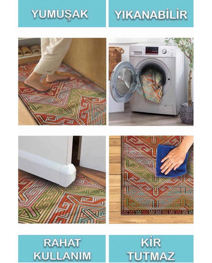 Gale Desenli Pamuk Tabanlı Yıkanabilen Kaymaz Antibakteriyel Şönil Salon Halısı