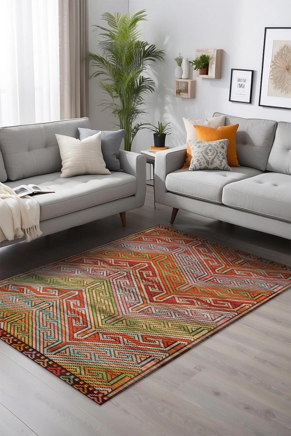 Gale Desenli Pamuk Tabanlı Yıkanabilen Kaymaz Antibakteriyel Şönil Salon Halısı