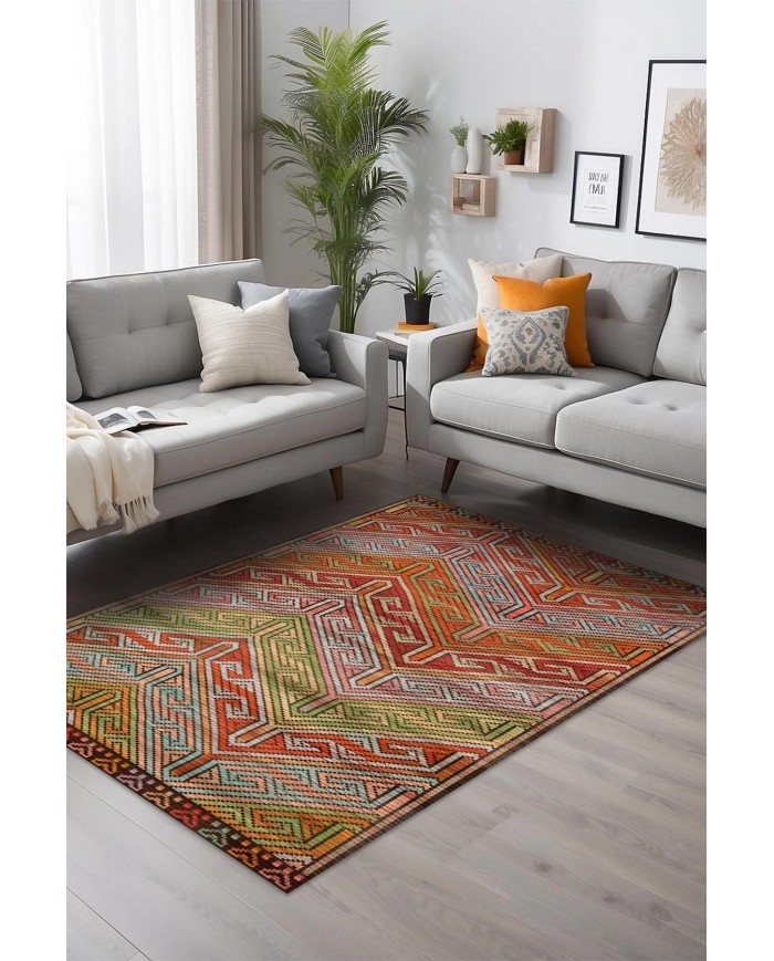 Gale Desenli Pamuk Tabanlı Yıkanabilen Kaymaz Antibakteriyel Şönil Salon Halısı