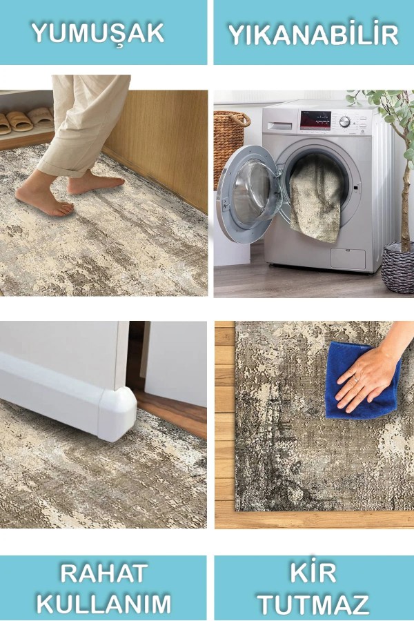 Gavin  Desenli Pamuk Tabanlı Yıkanabilen Kaymaz Antibakteriyel Şönil Salon Halısı