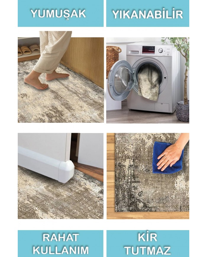 Gavin  Desenli Pamuk Tabanlı Yıkanabilen Kaymaz Antibakteriyel Şönil Salon Halısı
