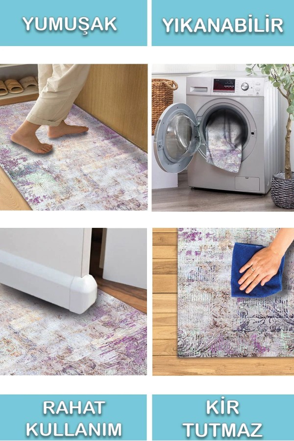 Arden Desenli Pamuk Tabanlı Yıkanabilen Kaymaz Antibakteriyel Şönil Salon Halısı