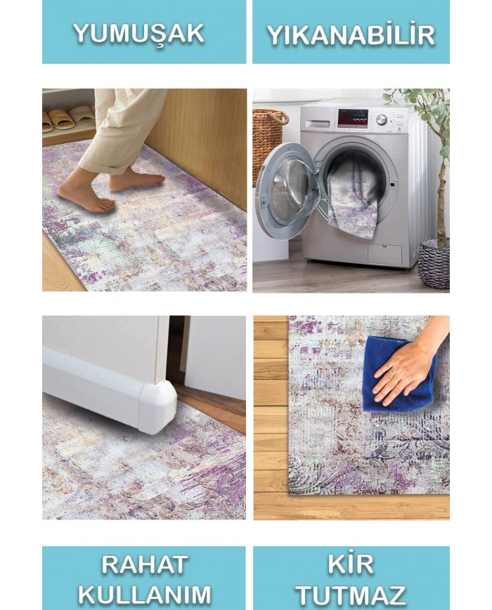 Arden Desenli Pamuk Tabanlı Yıkanabilen Kaymaz Antibakteriyel Şönil Salon Halısı