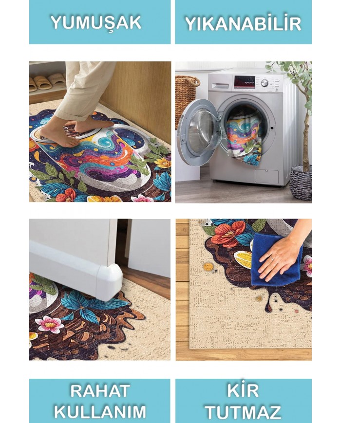 Galaxy Pamuk Tabanlı Yıkanabilen Kaydırmaz Antibakteriyel Şönil Mutfak Halısı