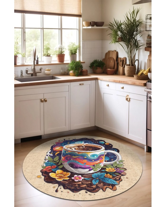 Galaxy Pamuk Tabanlı Yıkanabilen Kaymaz Antibakteriyel Şönil Yuvarlak Mutfak Halısı