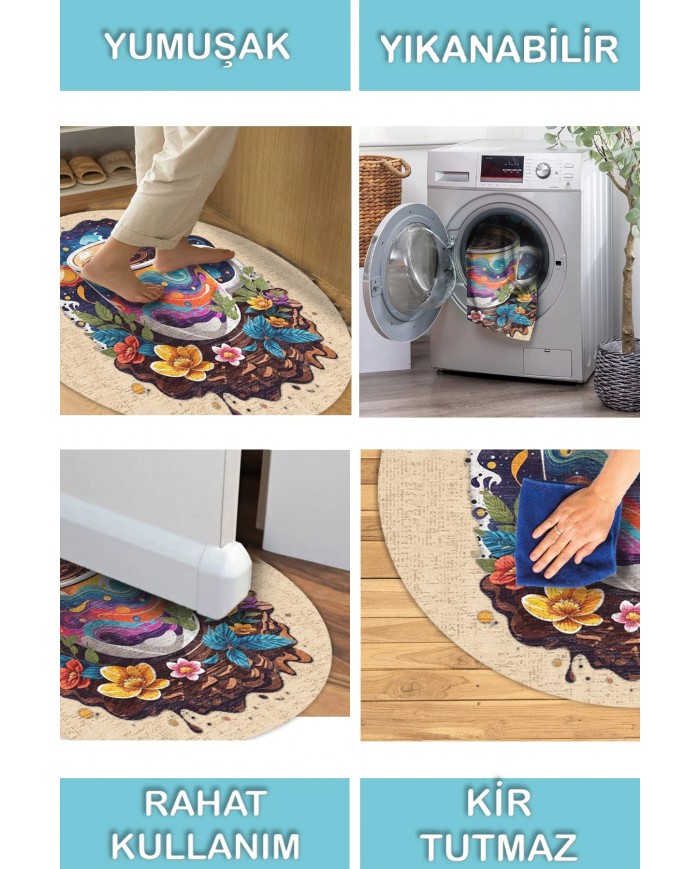 Galaxy Pamuk Tabanlı Yıkanabilen Kaymaz Antibakteriyel Şönil Yuvarlak Mutfak Halısı