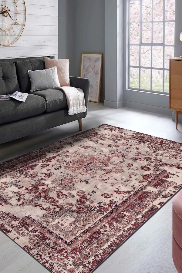 Giah Desenli Pamuk Tabanlı Yıkanabilen Kaymaz Antibakteriyel Şönil Salon Halısı