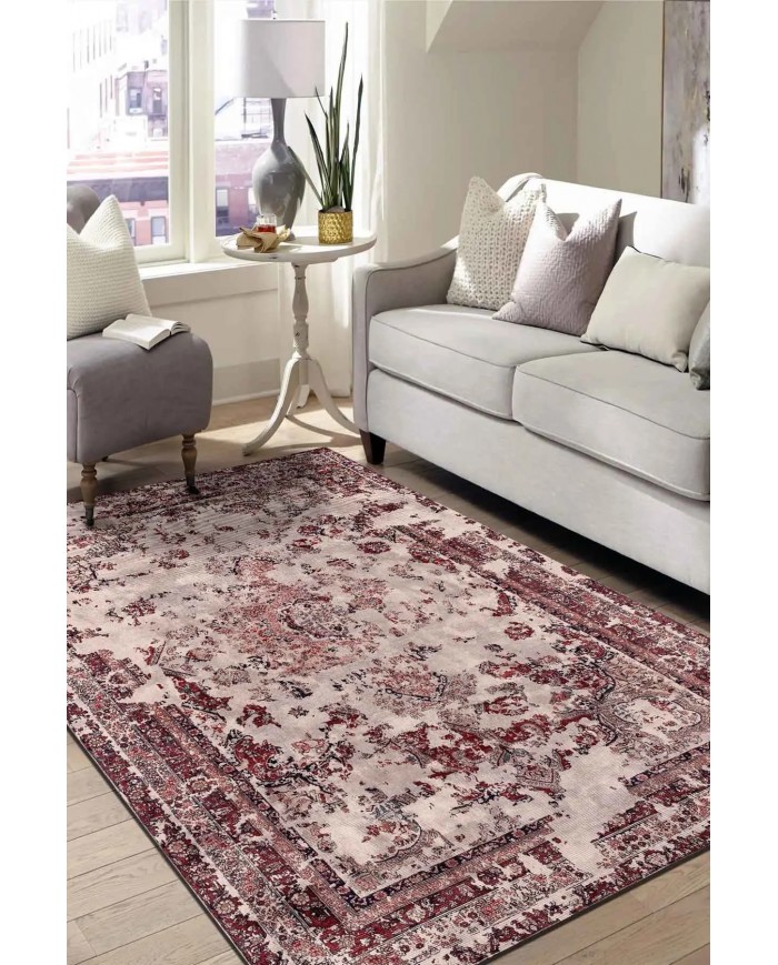 Giah Desenli Pamuk Tabanlı Yıkanabilen Kaymaz Antibakteriyel Şönil Salon Halısı