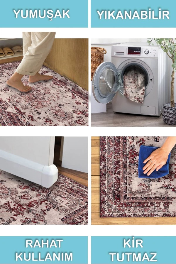 Giah Desenli Pamuk Tabanlı Yıkanabilen Kaymaz Antibakteriyel Şönil Salon Halısı