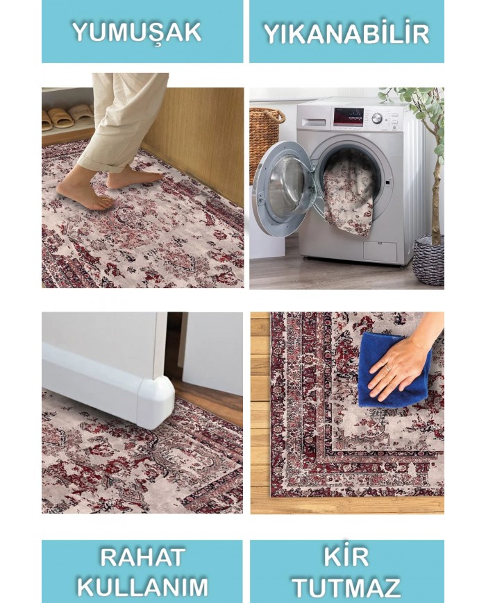 Giah Desenli Pamuk Tabanlı Yıkanabilen Kaymaz Antibakteriyel Şönil Salon Halısı