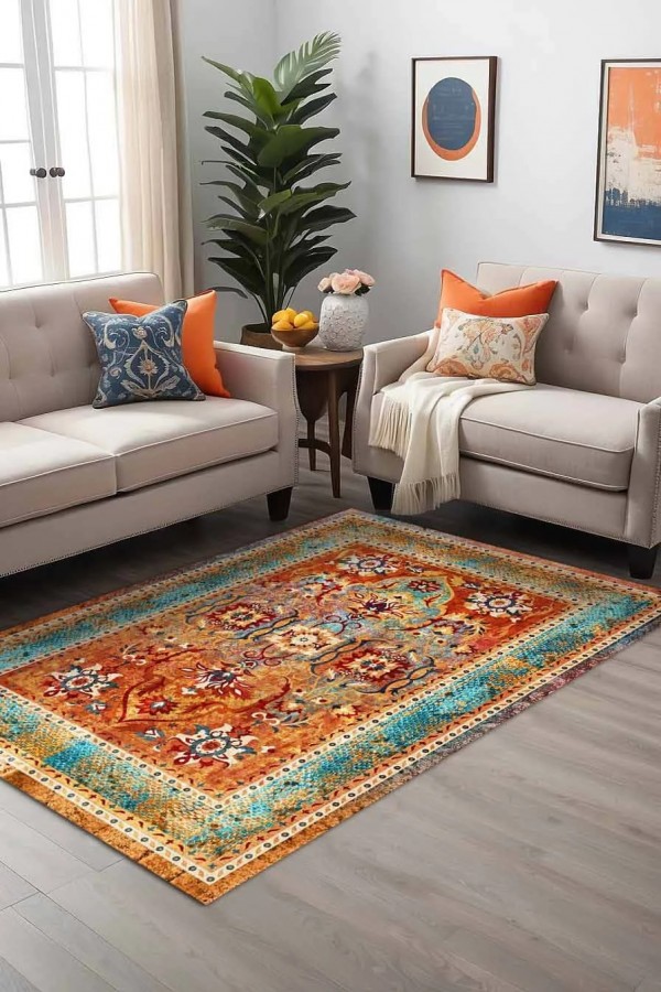 Golin Desenli Pamuk Tabanlı Yıkanabilen Kaymaz Antibakteriyel Şönil Salon Halısı