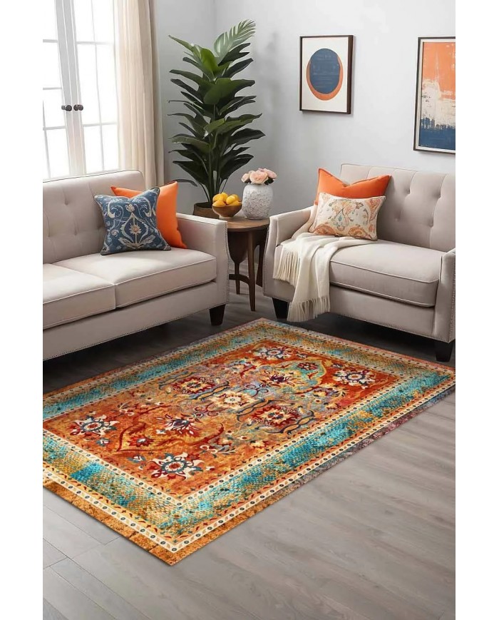 Golin Desenli Pamuk Tabanlı Yıkanabilen Kaymaz Antibakteriyel Şönil Salon Halısı